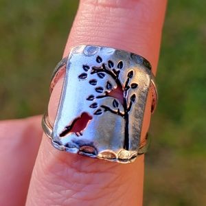 Bird Nest Tree Metal Stamp Silver Ring Size 6.5
